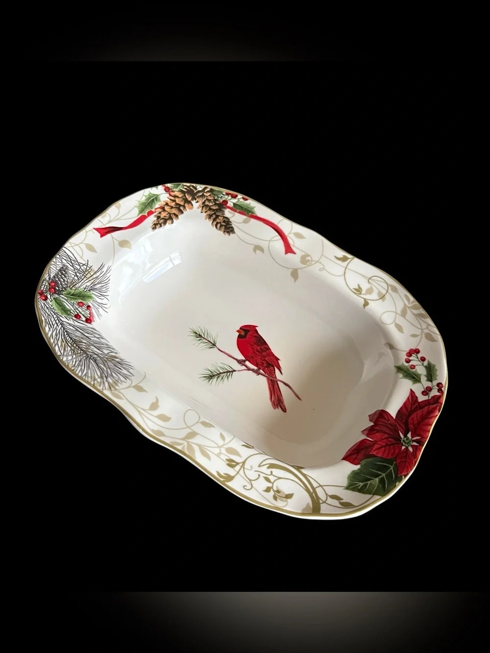 222 Fifth Porcelain Oval Serving Platter with Red Cardinal and Gold Accents